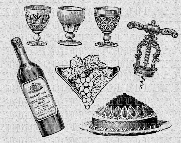 French Gourmet Cuisine Wine and Dine Victorian Style - Black and White Illustration