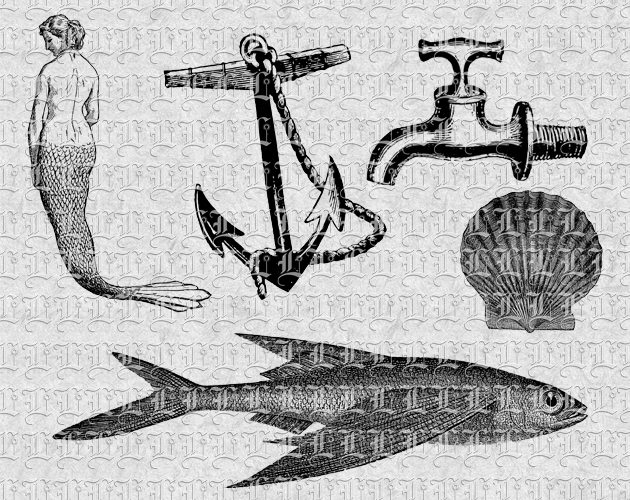 Mermaid, Flying fish, Black Anchor, Water Tap Vintage Illustrations