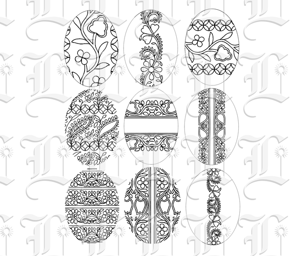 9 Patterned Easter Egg Shape Vintage Clip Art Illustration High Resolution 300 dpi.