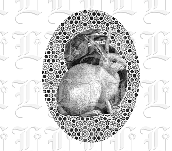 Two Easter Bunnies in Oval Shaped Islamic Pattern Background