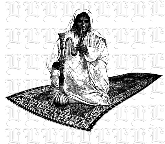 Woman Smoking Hookah on Flying Carpet Surreal Collage Vintage Illustrations