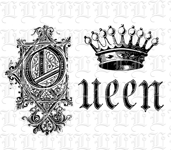 Antique Ornate Calligraphic Q Initial and Royal Queen Crown Vintage Digital Download