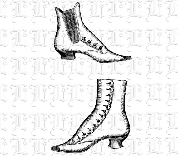 Two Victorian Women's Boots Vintage Clip Art Illustrations High Resolution 300 dpi.