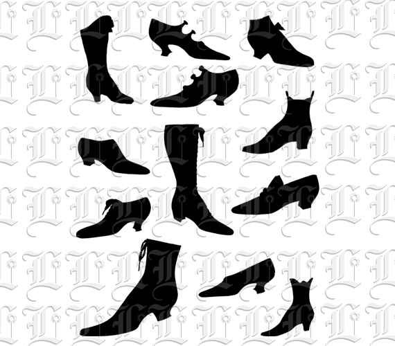 Twelve Victorian Shoes and Boots Silhouettes Vintage Clip Art Illustrations High Resolution 300 dpi