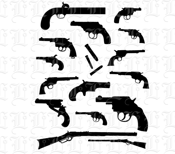 Silhouette of Antique Guns and Ammunition Vintage Clip Art Illustrations High Quality 300 dpi.