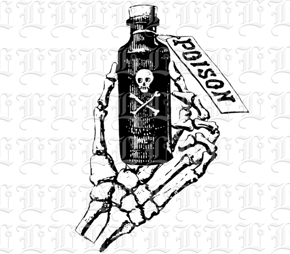 Skeleton Hand Holding Poison Bottle Symbol Vintage Clip Art Illustrations