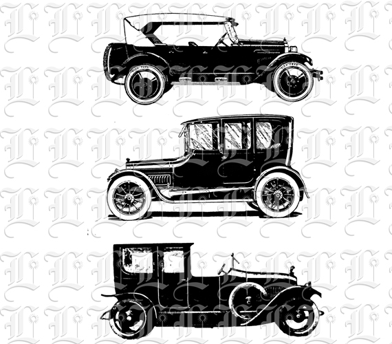 Three Antique Motor Cars Vehicle Automobile Vintage Digital Illustration Clip Art