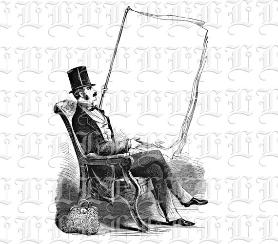 Retro Victorian Period Man Reads Newspaper Antique Comic Illustration Clip Art Advertising Blank Banner Vintage Printable Image Graphic