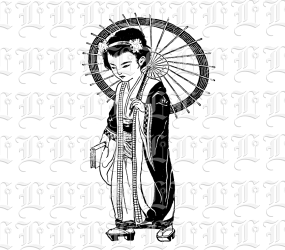 Traditionally Dressed Japanese School Girl Vintage Clip Art Illustration