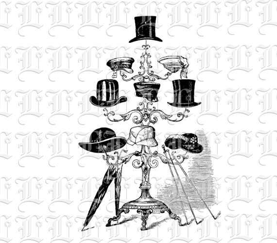 Victorian Hats on Rack Vintage Clip Art Illustration High Resolution 300 dpi.