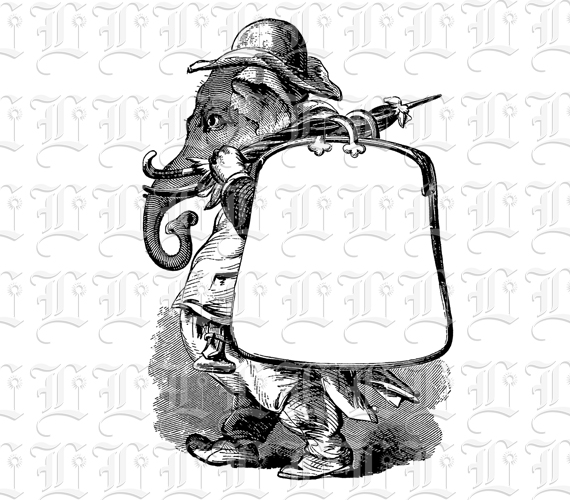 Humorous Victorian Advertising Banner Elephant Holding Blank Sign Vintage Clip Art Illustrations High Resolution 300 dpi Antique Printable Graphic
