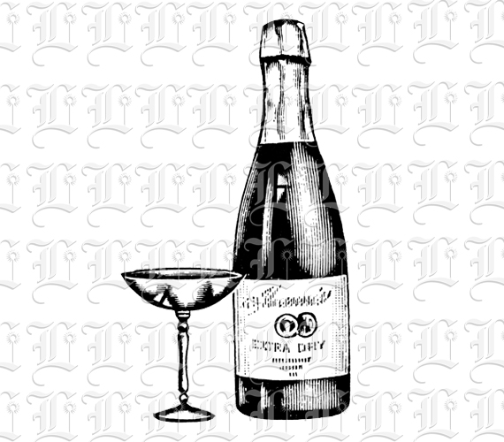 Bottle of Champagne with Glass Vintage Illustration