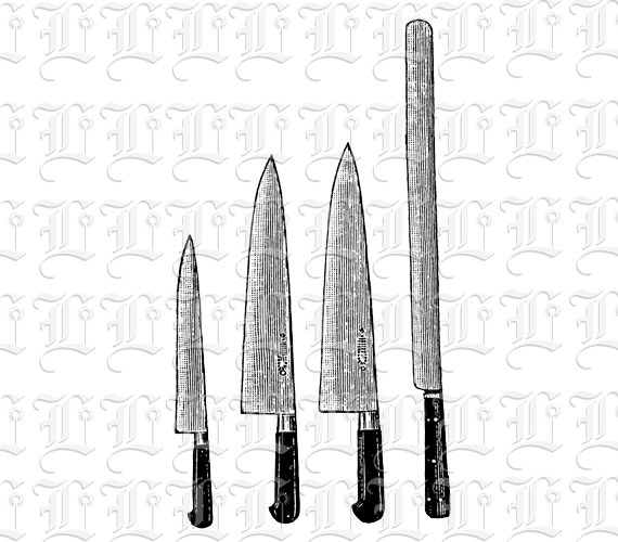 Four Chef's Knives Set Vintage Illustration