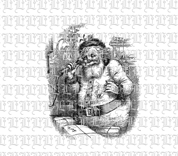 Santa Clause On Telephone Line Drawing Vintage Clip Art Illustration