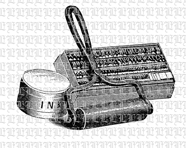 Antique Printing Kit Roller, Ink and Letter Stamps Illustration