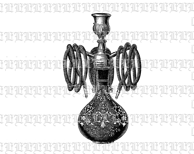 Victorian Hookah Tobacco Double Pipe Vintage Clip Art Illustration High Resolution 300 dpi.