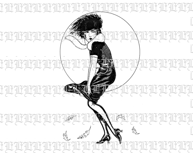 Drawing Girl Holding Blown Dress in Wind Fall Moon Vintage Clip Art Illustration