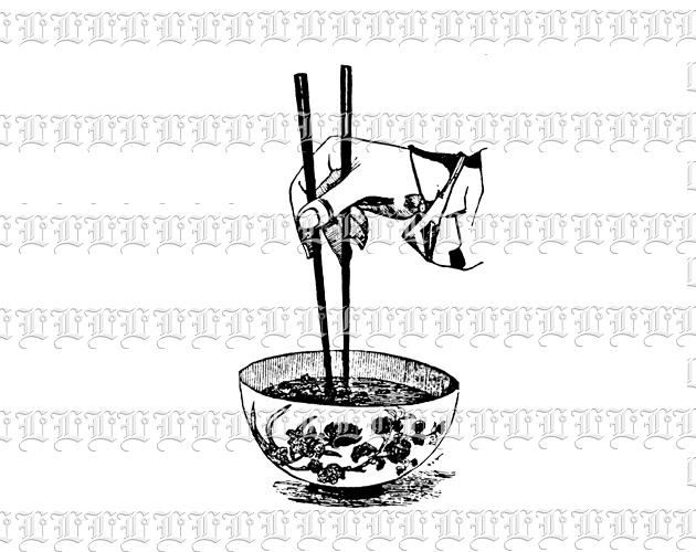 Asian Cuisine Fingers Holding Chop Sticks Bowl of Noodles Vintage Clip Art Illustration 300 dpi. Digital Printable Graphic.