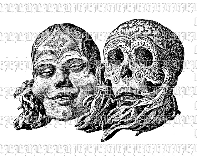 Two Art Painted Decorated Human Skulls Day of the Dead Vintage Clip Art Illustration Printable Image