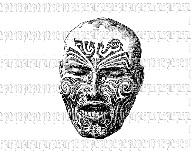 Artistic Decorated Tattoed Human Head Vintage Clip Art Illustration High Resolution 300 dpi