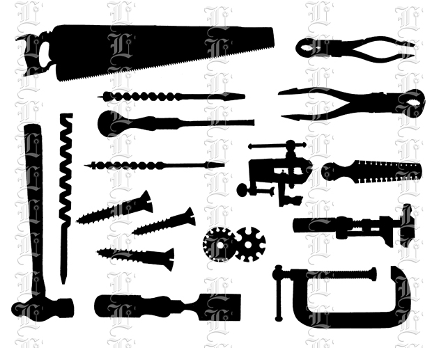 Various Carpentry Tools Silhouettes Vintage Clip Art Illustration High Resolution 300 dpi