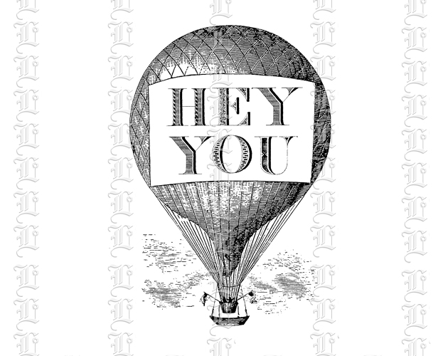 19th Century Retro Vintage Hot Air Balloon Banner With Attention Getter Hey You Message High Quality 300 dpi Printable Clip Art Graphic